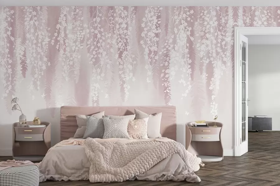 murais de parede Versão cor-de-rosa dos ramos com flores brancas w04417v1