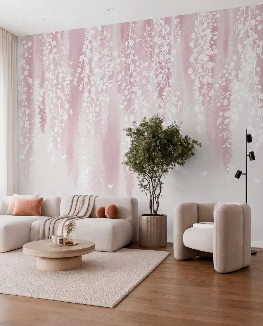 murais de parede Versão cor-de-rosa dos ramos com flores brancas w04417v1