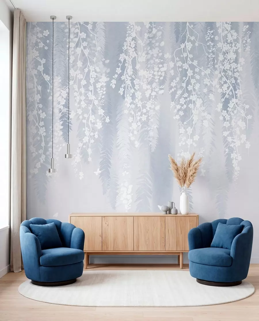 murais de parede Versão azul fresca de ramos com flores brancas w04417v2