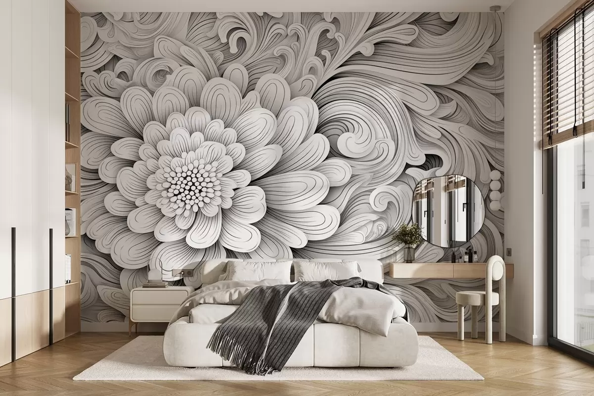 murais de parede Padrão decorativo a preto e branco em forma de flor e redemoinhos w09355