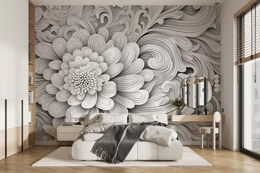 murais de parede Padrão decorativo a preto e branco em forma de flor e redemoinhos w09355