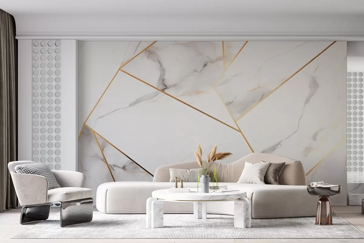 murais de parede Imitação de uma superfície de mármore com um padrão geométrico amarelo w09363