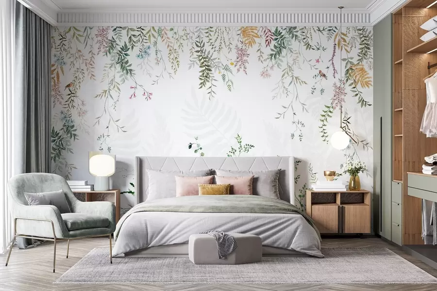 murais de parede Ilustração botânica com fetos, relva e plantas suspensas, em tons pastel, sobre fundo branco estilo aguarela texturada w09364