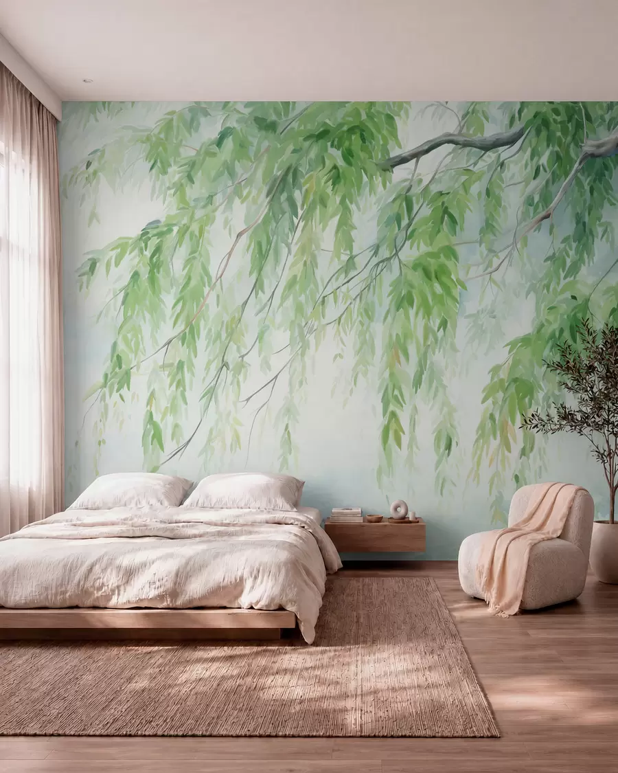 murais de parede Ramos de salgueiro-chorão com folhas verdes pendentes, pinceladas suaves e delicadas, estilo de pintura em aguarela w09365