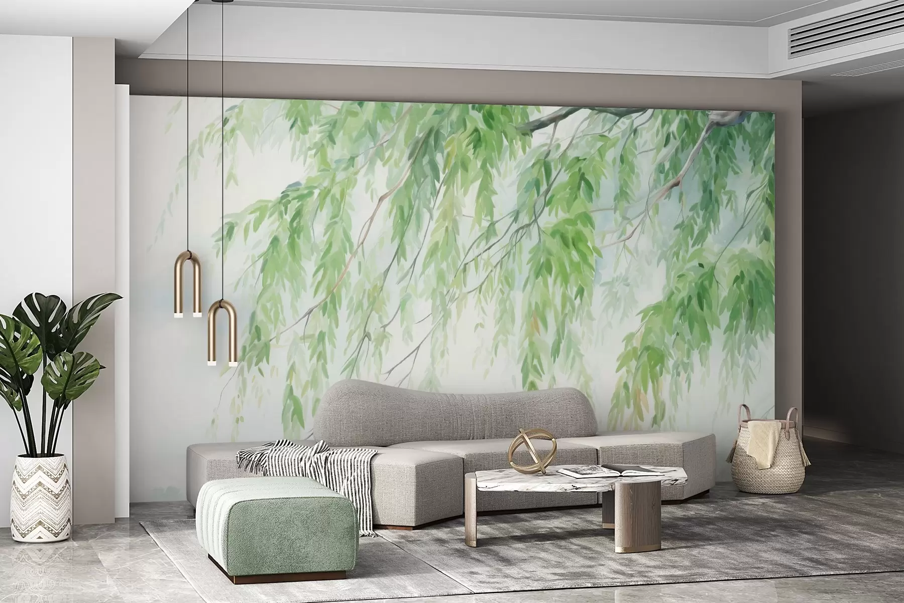 murais de parede Ramos de salgueiro-chorão com folhas verdes pendentes, pinceladas suaves e delicadas, estilo de pintura em aguarela w09365