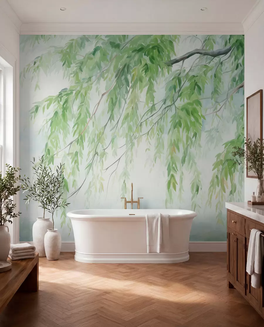 murais de parede Ramos de salgueiro-chorão com folhas verdes pendentes, pinceladas suaves e delicadas, estilo de pintura em aguarela w09365