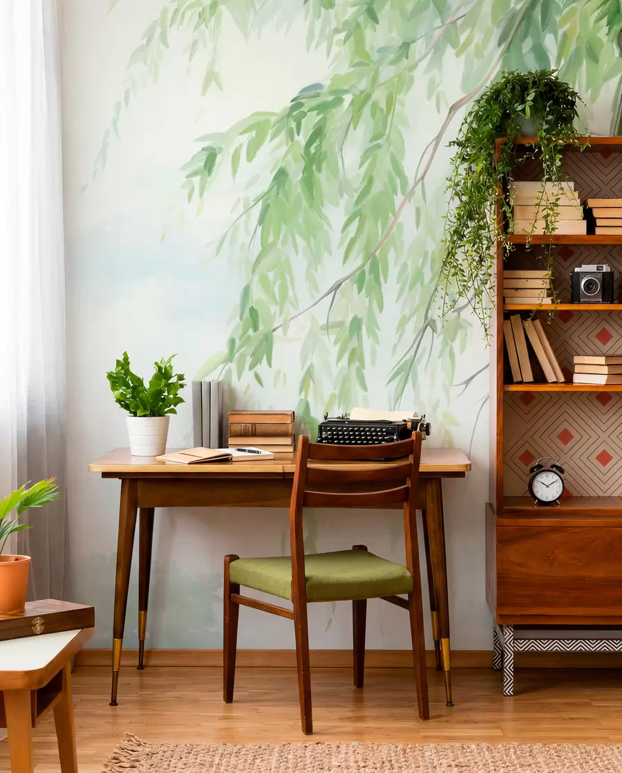 murais de parede Ramos de salgueiro-chorão com folhas verdes pendentes, pinceladas suaves e delicadas, estilo de pintura em aguarela w09365