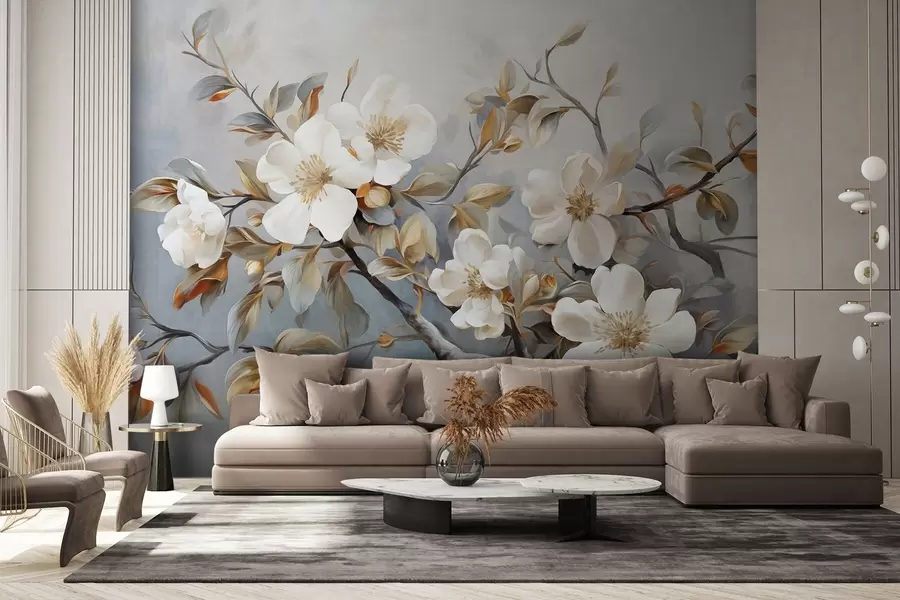 murais de parede Flores brancas com pistilos amarelos num ramo de árvore com folhas, fundo claro, estilo de pintura vintage, impressão texturada w09368