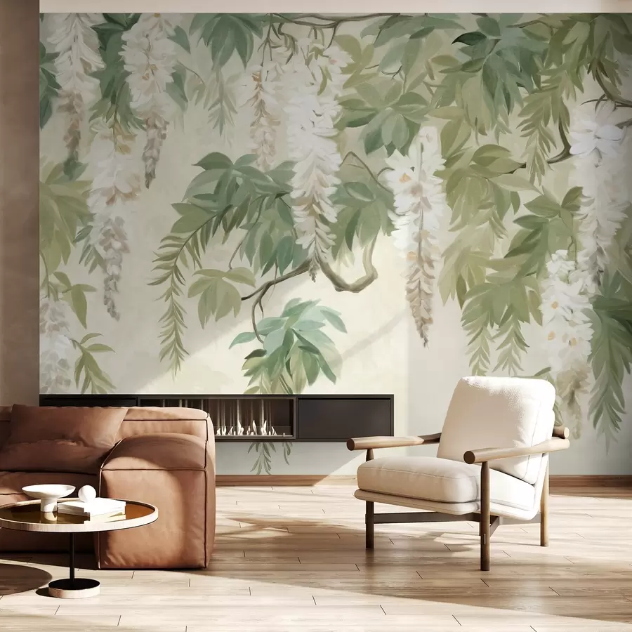 murais de parede Ramos de glicínias com flores brancas e folhas verdes, fundo verde, estilo de pintura vintage texturada w09375