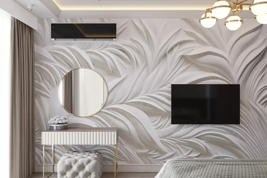murais de parede Folhas brancas com textura abstrata e elementos florais, estética minimalista w09378