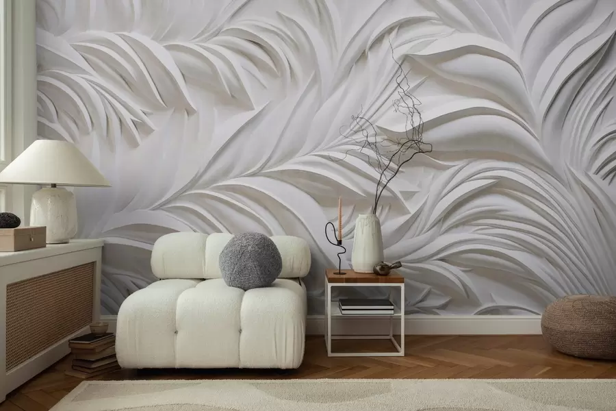 murais de parede Folhas brancas com textura abstrata e elementos florais, estética minimalista w09378