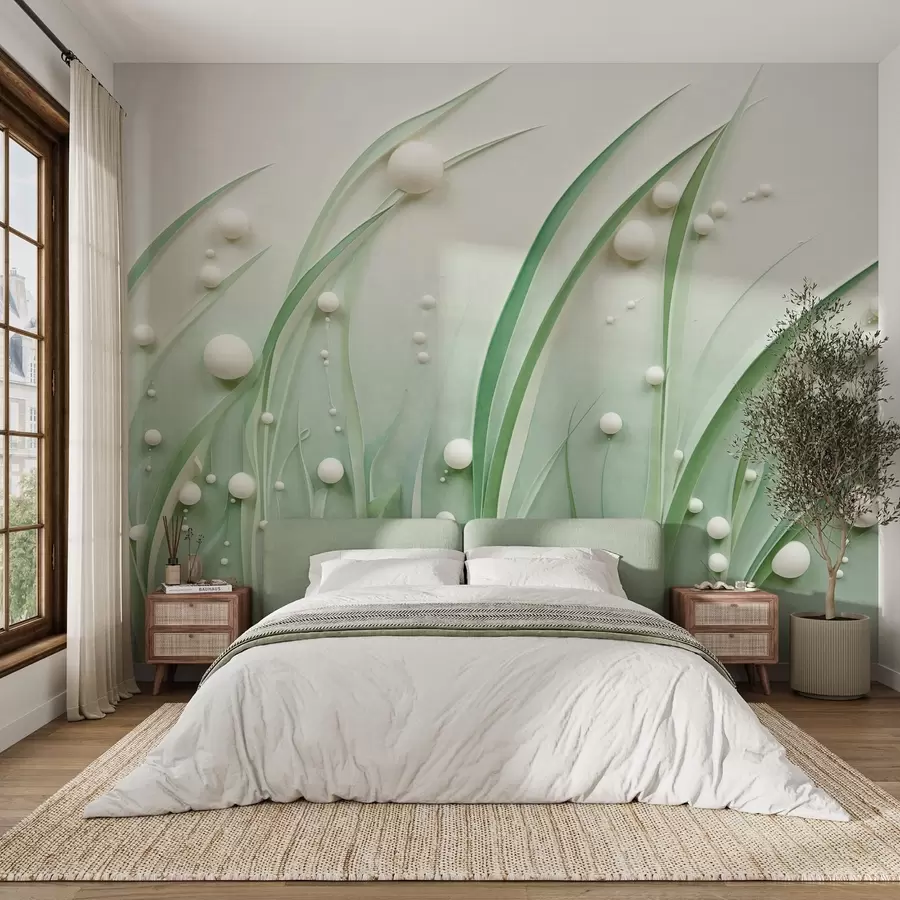 murais de parede Relva verde abstrata com esferas brancas, fundo verde claro, texturado, linhas limpas, estilo minimalista w09382