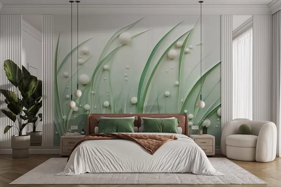murais de parede Relva verde abstrata com esferas brancas, fundo verde claro, texturado, linhas limpas, estilo minimalista w09382
