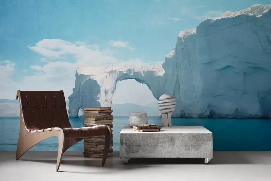 murais de parede Paisagem com ponte de gelo natural sobre o oceano, céu azul claro com algumas nuvens, impressão texturada w09383