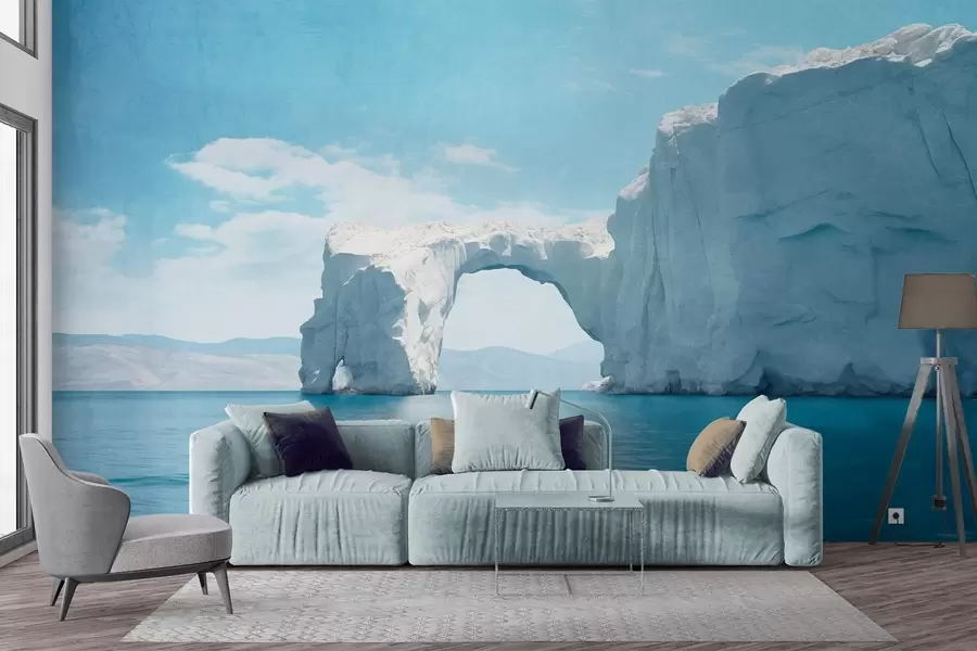 murais de parede Paisagem com ponte de gelo natural sobre o oceano, céu azul claro com algumas nuvens, impressão texturada w09383