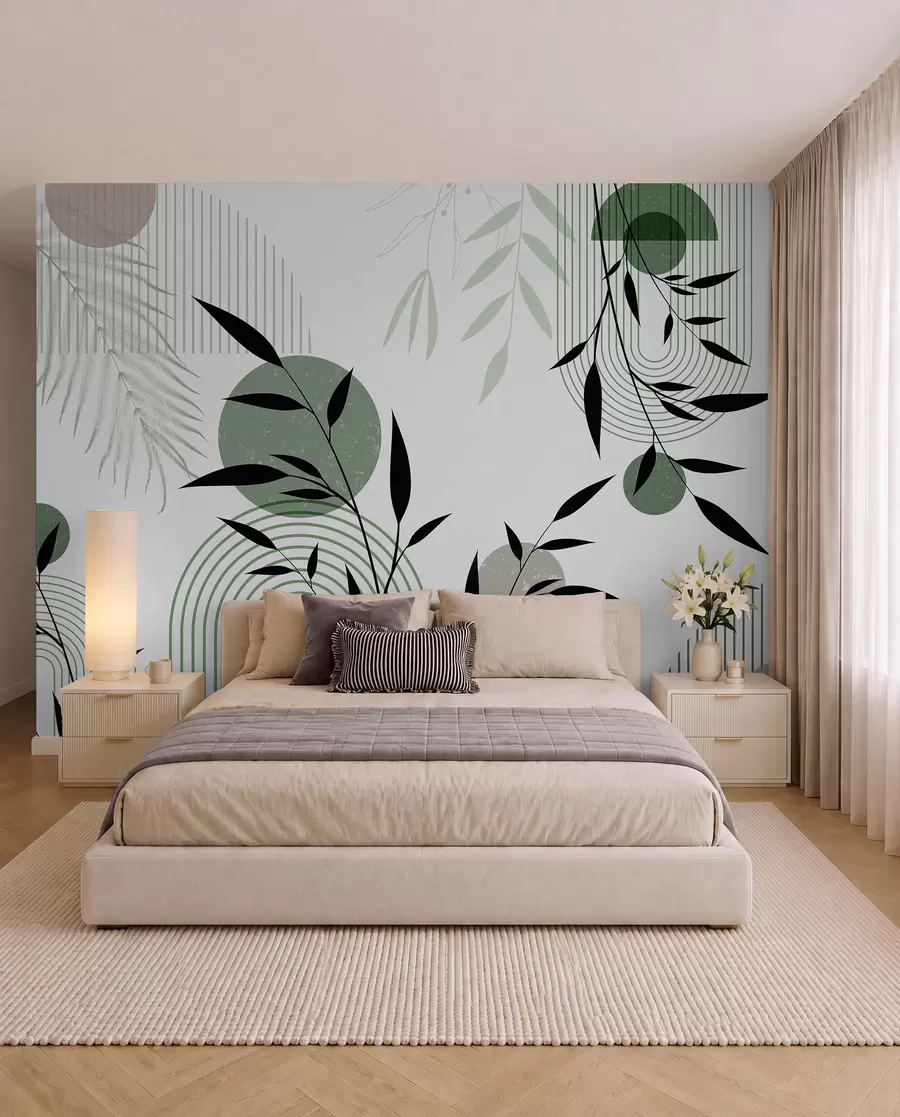 murais de parede Impressão abstrata texturada com formas geométricas, círculos e arcos e plantas pretas e verdes sobre um fundo branco w09384