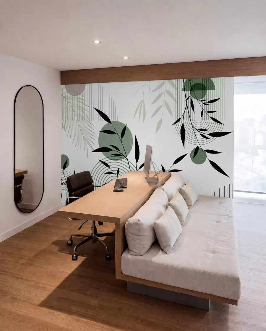 murais de parede Impressão abstrata texturada com formas geométricas, círculos e arcos e plantas pretas e verdes sobre um fundo branco w09384