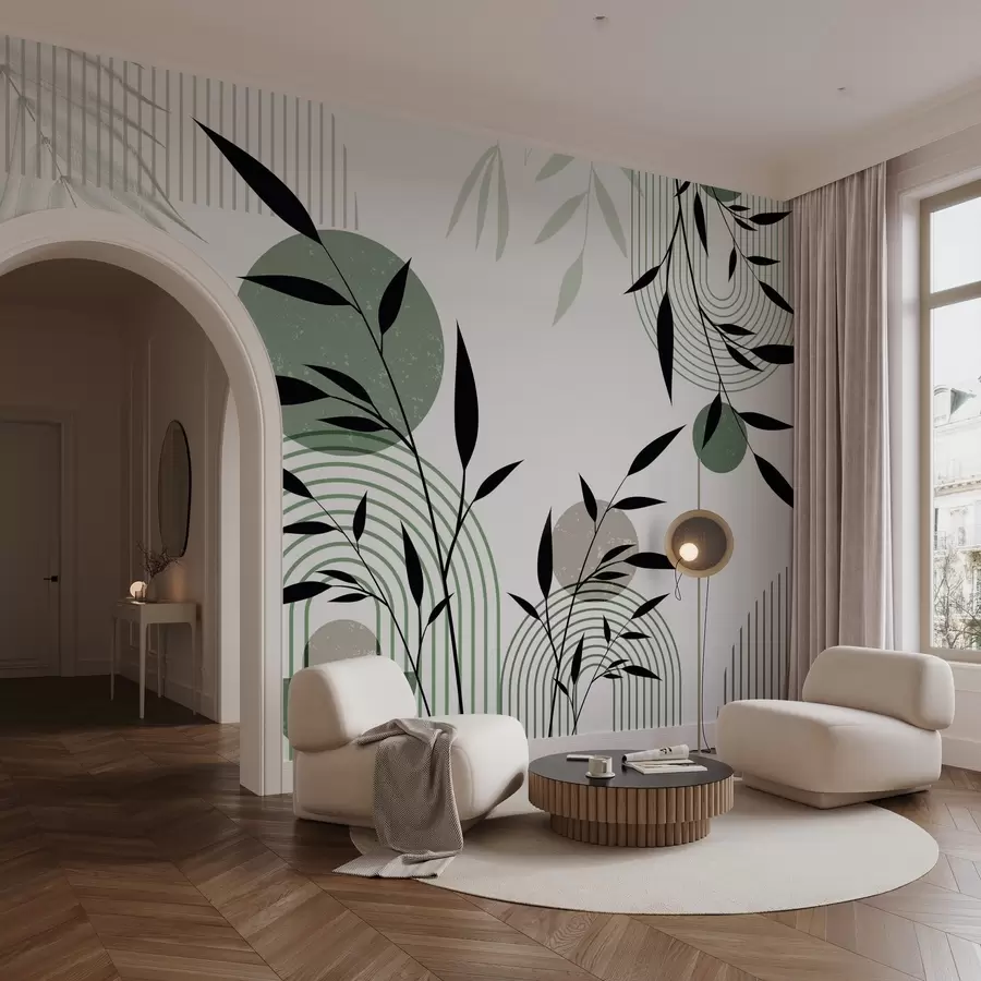 murais de parede Impressão abstrata texturada com formas geométricas, círculos e arcos e plantas pretas e verdes sobre um fundo branco w09384