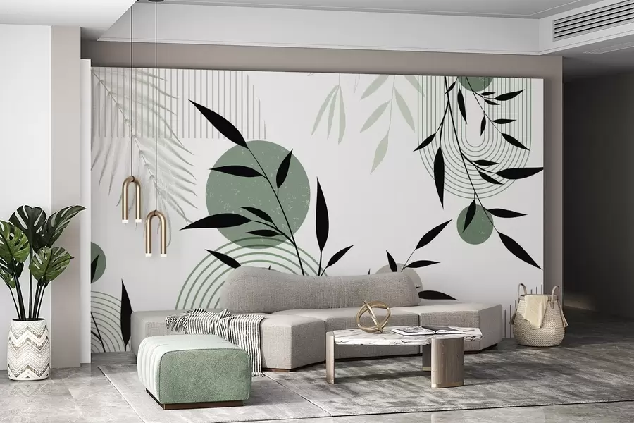 murais de parede Impressão abstrata texturada com formas geométricas, círculos e arcos e plantas pretas e verdes sobre um fundo branco w09384