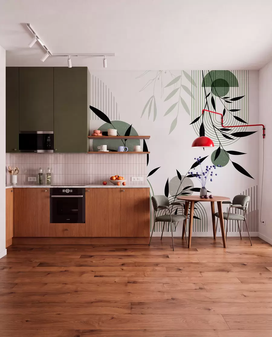 murais de parede Impressão abstrata texturada com formas geométricas, círculos e arcos e plantas pretas e verdes sobre um fundo branco w09384