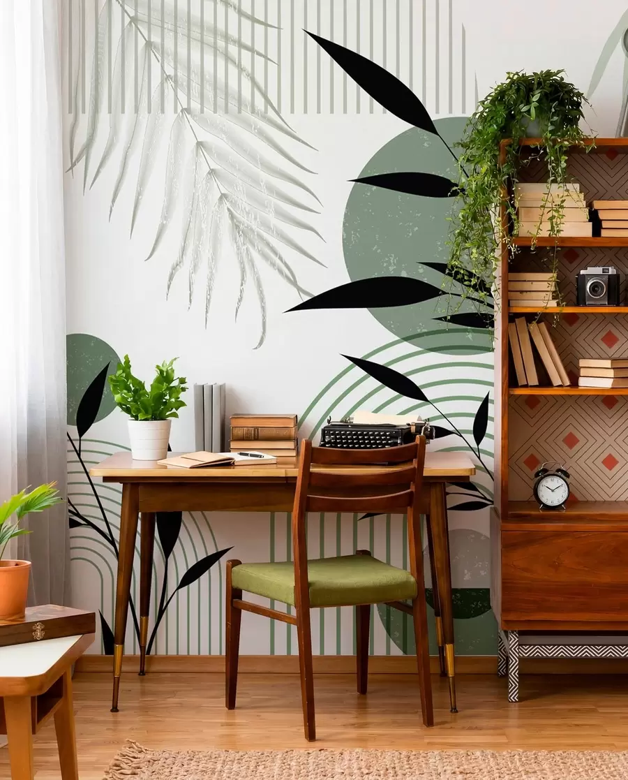 murais de parede Impressão abstrata texturada com formas geométricas, círculos e arcos e plantas pretas e verdes sobre um fundo branco w09384