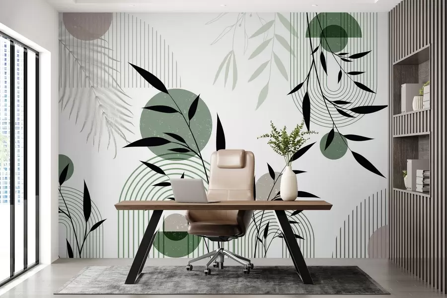 murais de parede Impressão abstrata texturada com formas geométricas, círculos e arcos e plantas pretas e verdes sobre um fundo branco w09384