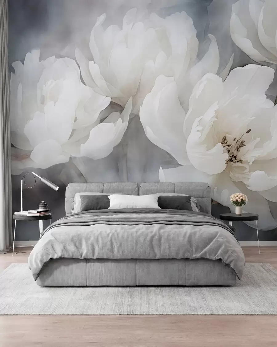 murais de parede Flores brancas sobre um fundo enevoado e delicado w04441