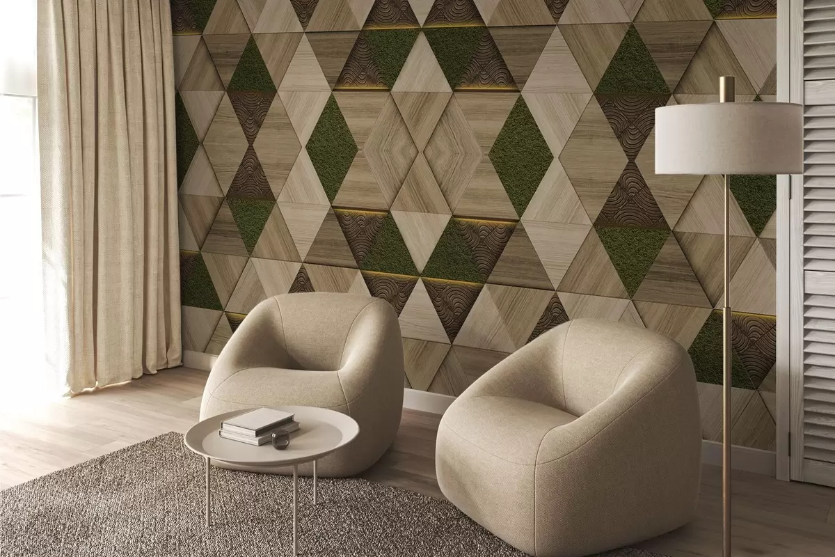 murais de parede Ornamento geométrico em madeira com musgo w04459