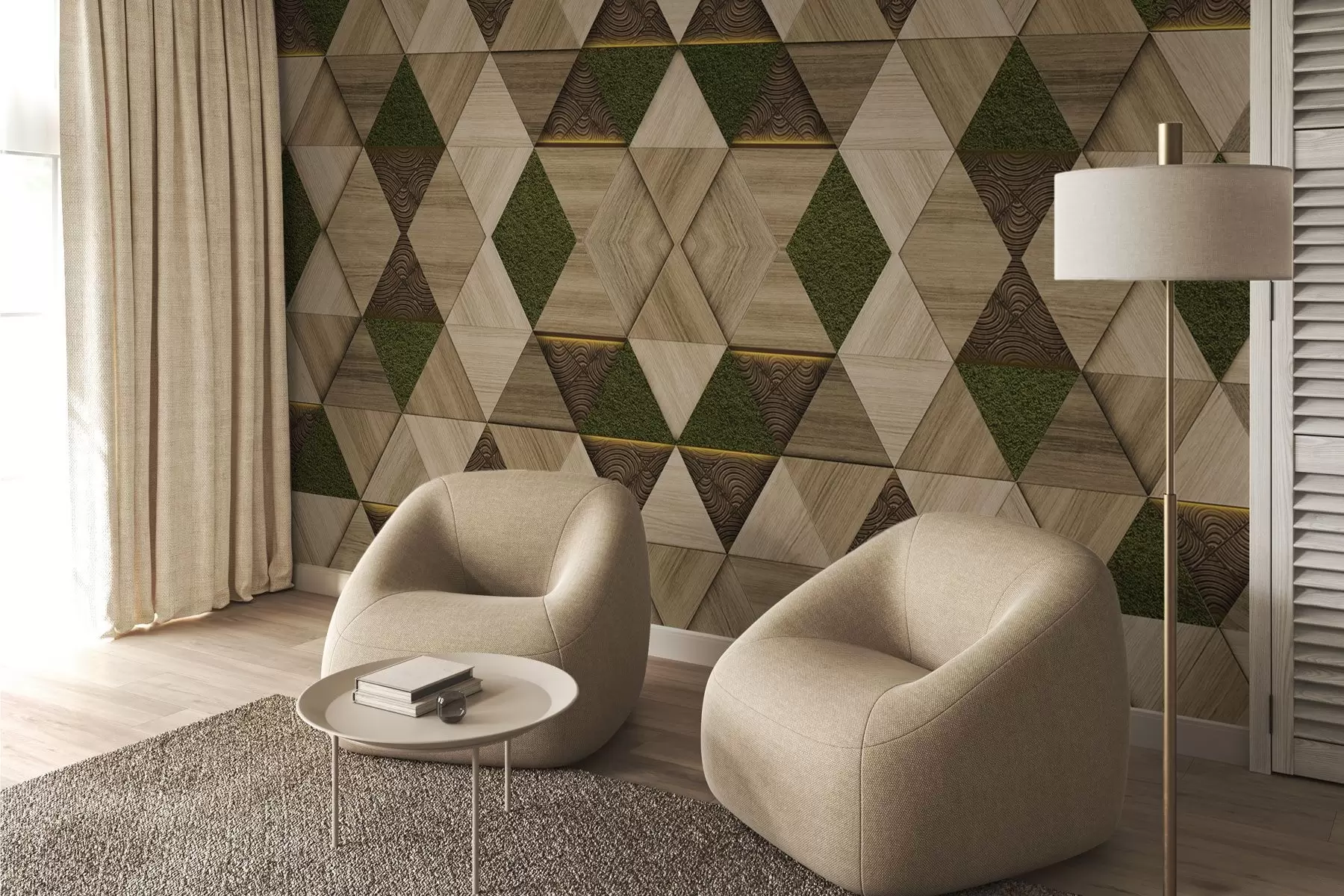 murais de parede Ornamento geométrico em madeira com musgo w04459