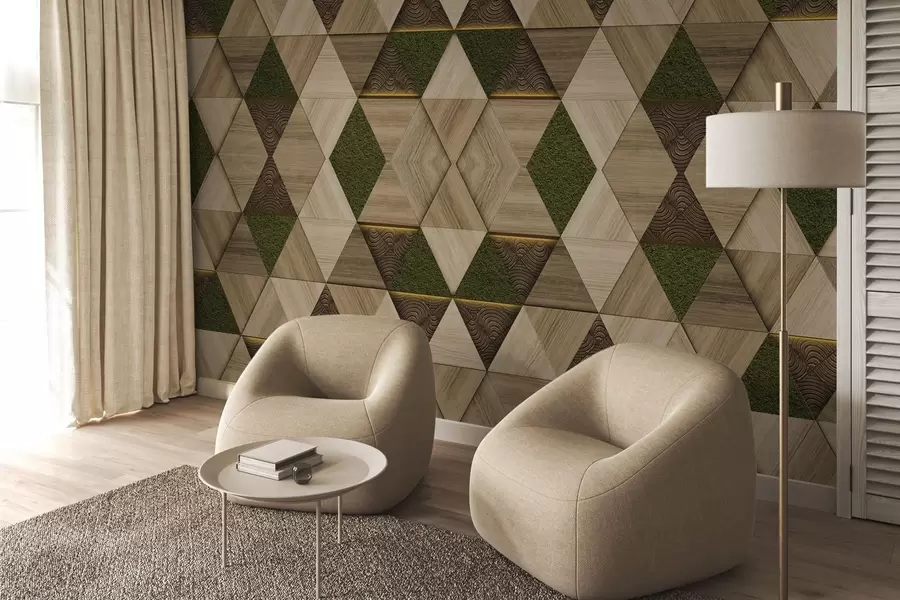 murais de parede Ornamento geométrico em madeira com musgo w04459