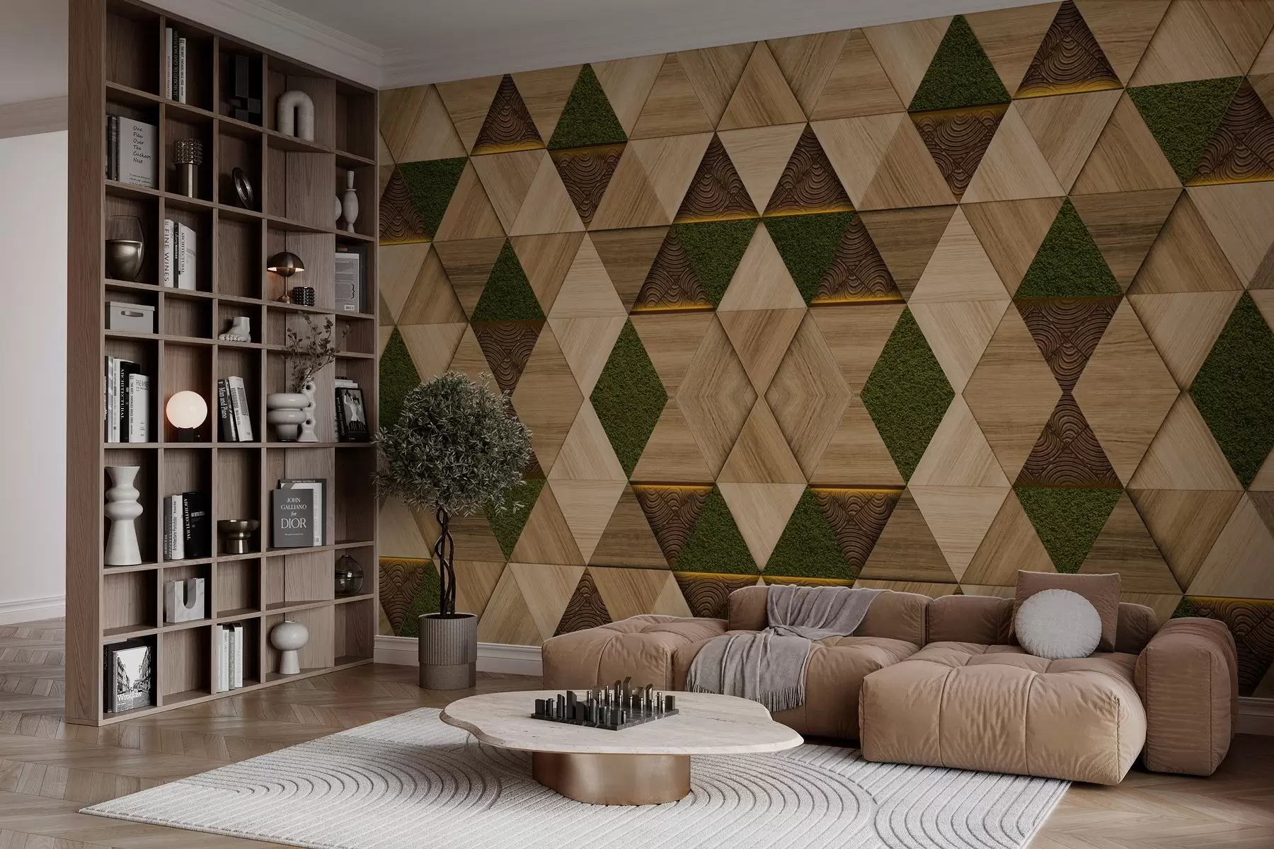 murais de parede Ornamento geométrico em madeira com musgo w04459