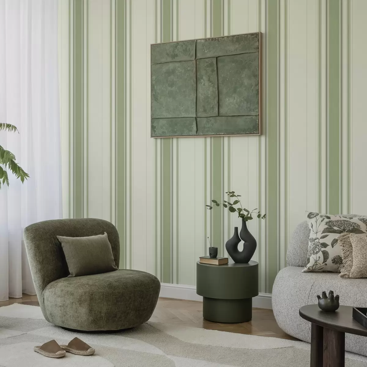 Papel de parede Fundo creme com uma larga faixa central verde a00519