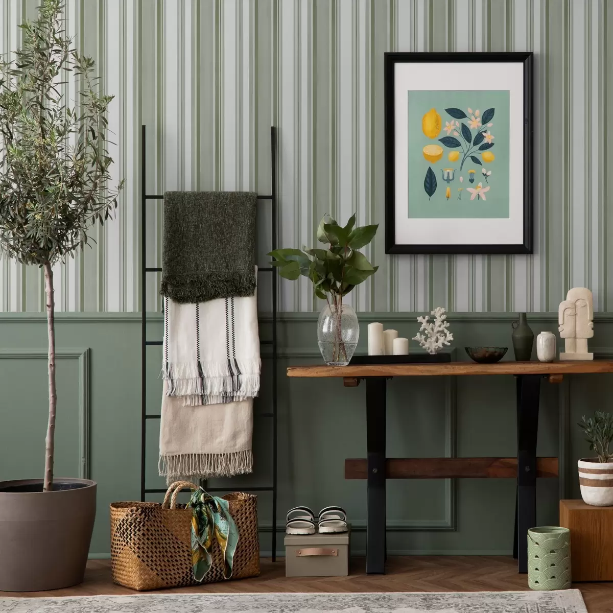 Papel de parede Riscas verdes com intervalos brancos e linhas finas a00526