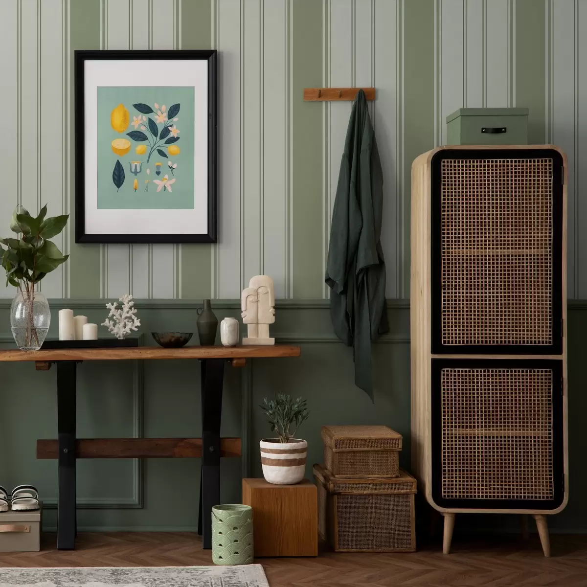 Papel de parede Fundo creme com largas riscas verdes claras a00561