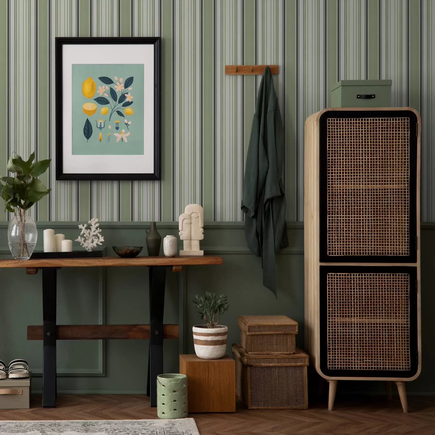 murais de parede Fundo creme com uma mistura de riscas verdes e pretas a00563