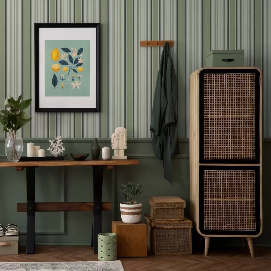 murais de parede Fundo creme com uma mistura de riscas verdes e pretas a00563