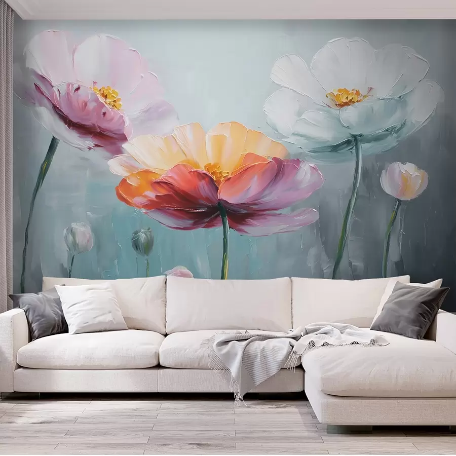 murais de parede Flores brilhantes em técnica de pintura a óleo sobre um fundo azul w09310