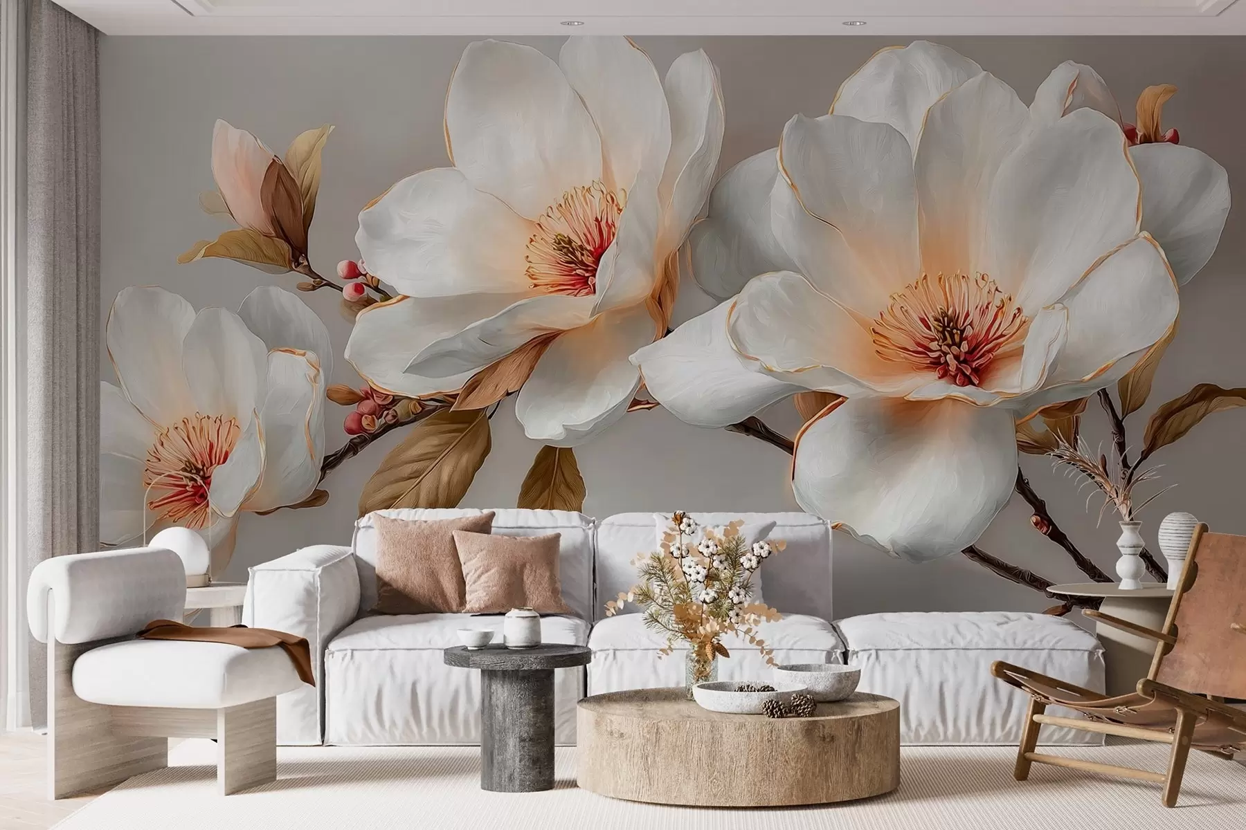 murais de parede Flores delicadas num ramo em tons pastel com centros cor de laranja w09299