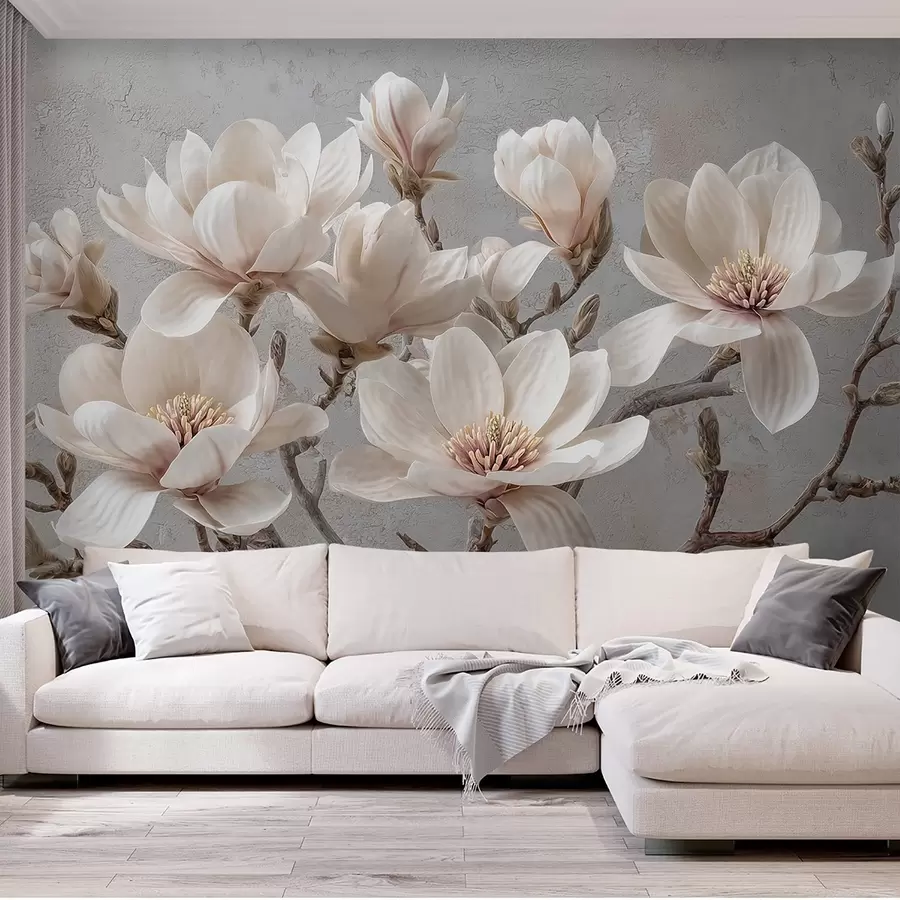 murais de parede Ramos de magnólia com grandes flores claras em tons suaves w09305