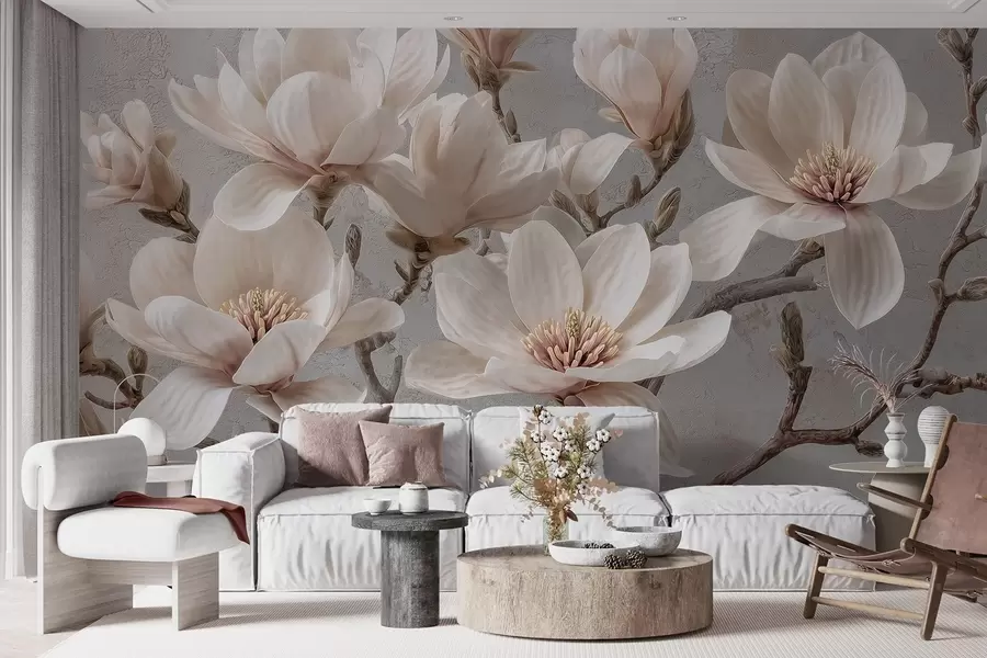 murais de parede Ramos de magnólia com grandes flores claras em tons suaves w09305