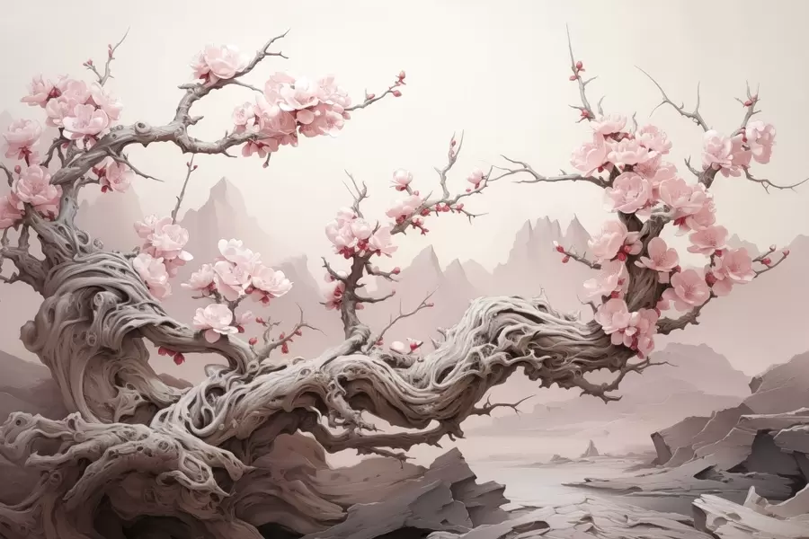 murais de parede Tronco de árvore torcido com sakura cor-de-rosa em flor w09388