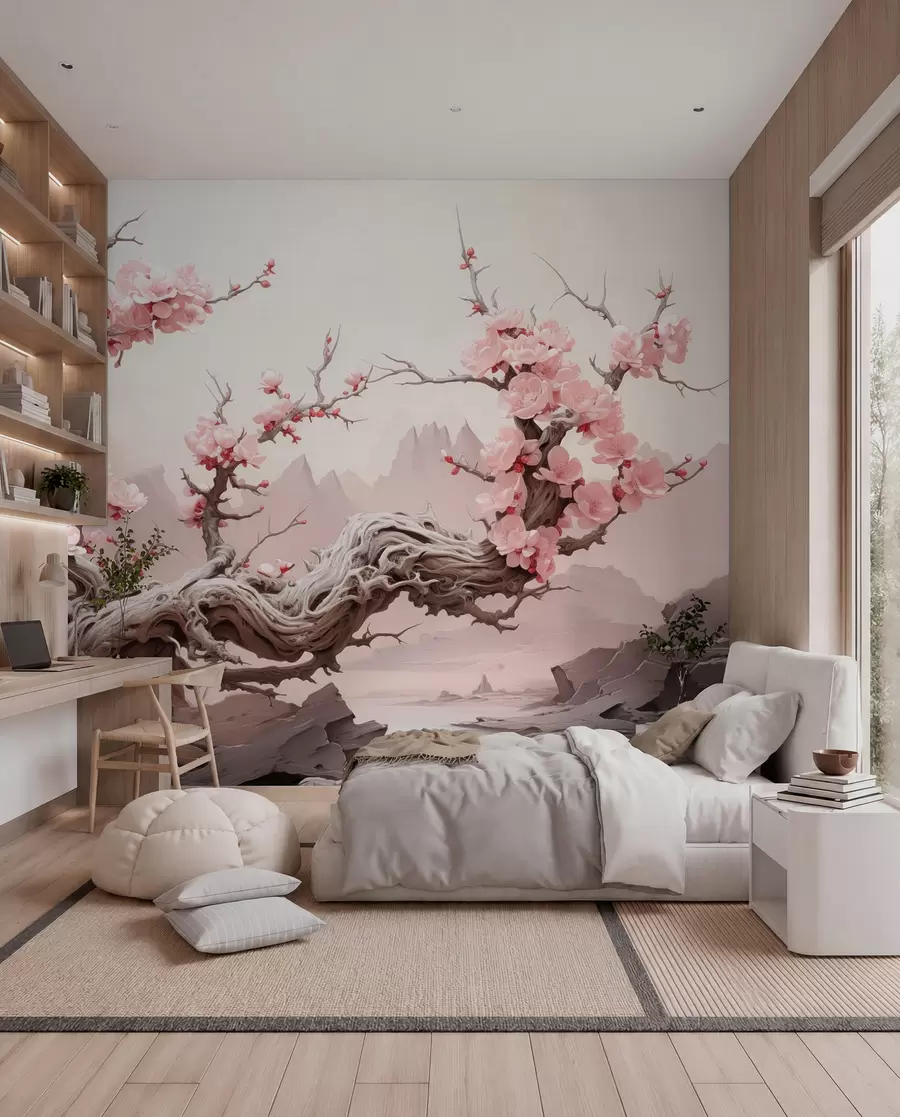 murais de parede Tronco de árvore torcido com sakura cor-de-rosa em flor w09388