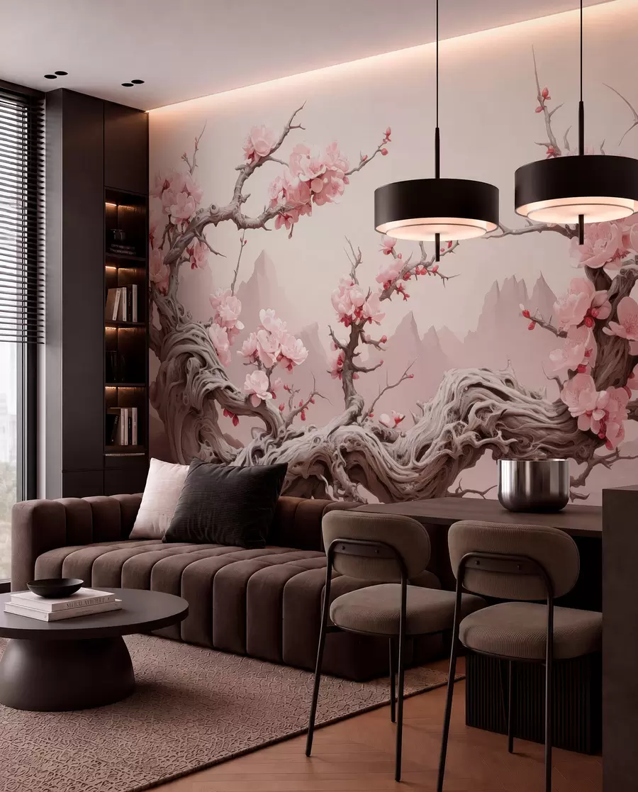 murais de parede Tronco de árvore torcido com sakura cor-de-rosa em flor w09388