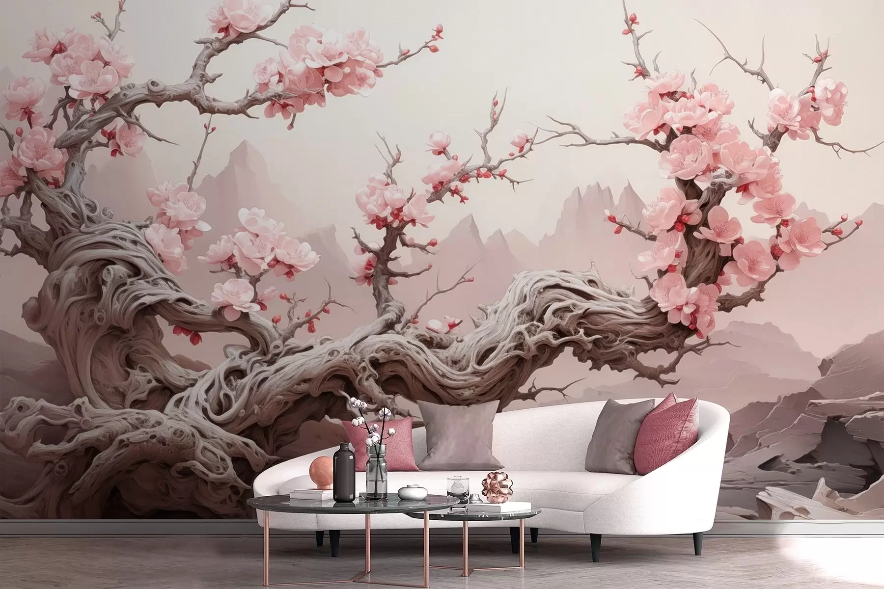 murais de parede Tronco de árvore torcido com sakura cor-de-rosa em flor w09388