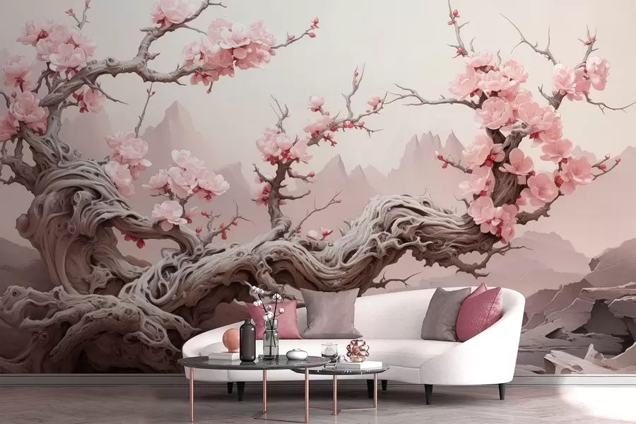 murais de parede Tronco de árvore torcido com sakura cor-de-rosa em flor w09388