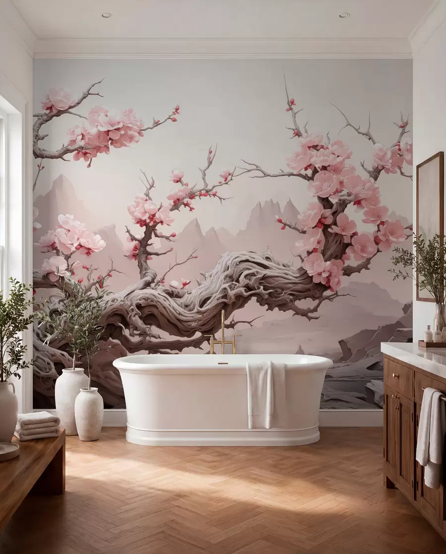 murais de parede Tronco de árvore torcido com sakura cor-de-rosa em flor w09388
