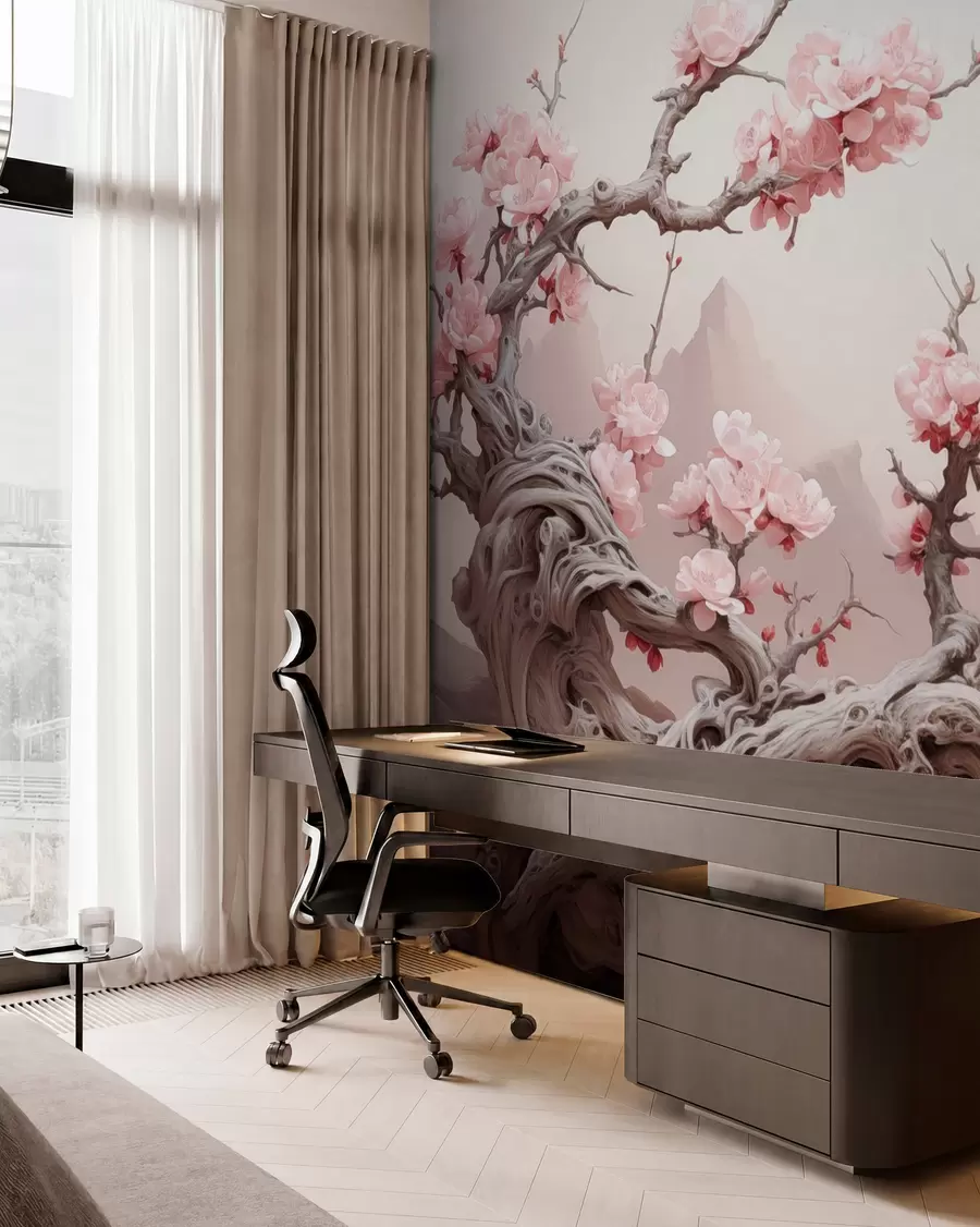 murais de parede Tronco de árvore torcido com sakura cor-de-rosa em flor w09388