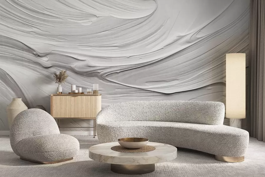 murais de parede Pinceladas abstratas de tinta branca texturizada imitando um padrão espiralado, composição neutra, minimalista e moderna w09394