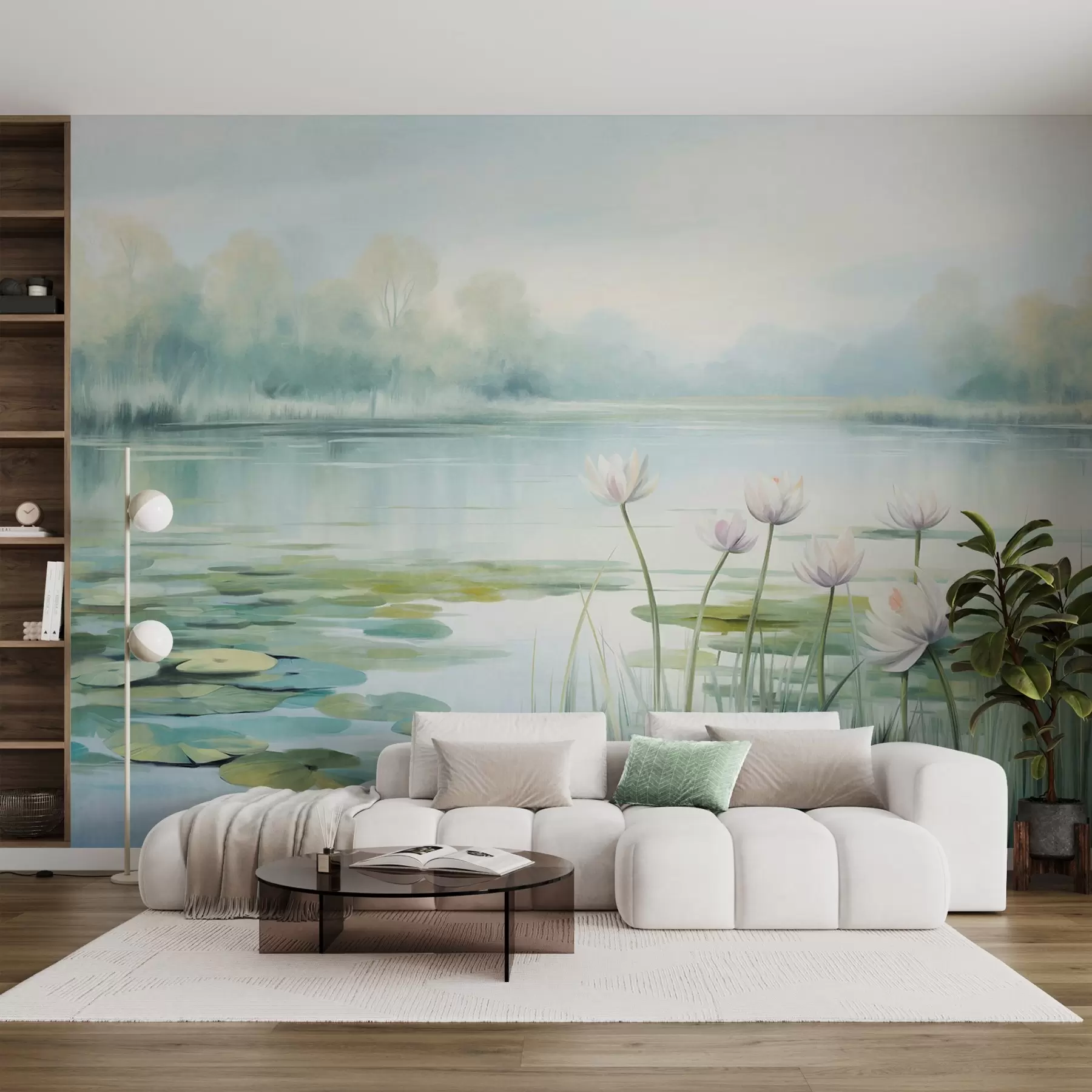 murais de parede Paisagem com um lago, nenúfares e folhas de nenúfar, árvores ao fundo, num ambiente tranquilo, tons de azul claro e verde w09395