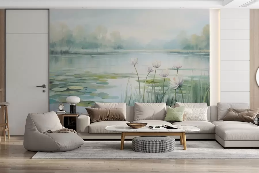 murais de parede Paisagem com um lago, nenúfares e folhas de nenúfar, árvores ao fundo, num ambiente tranquilo, tons de azul claro e verde w09395